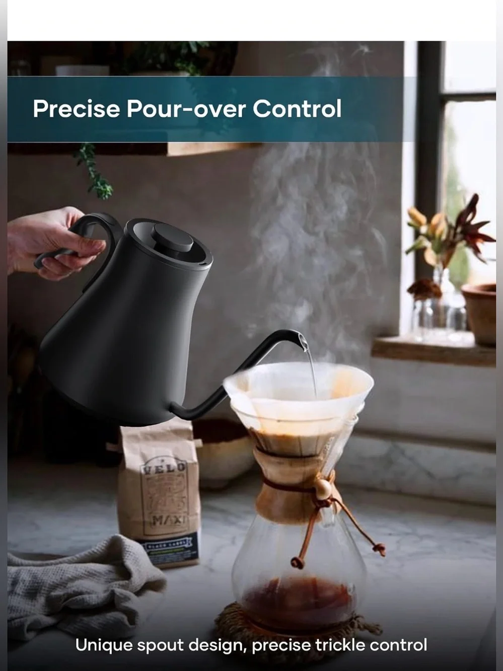 INTASTING Matte Black Gooseneck Kettle with Copper Accents